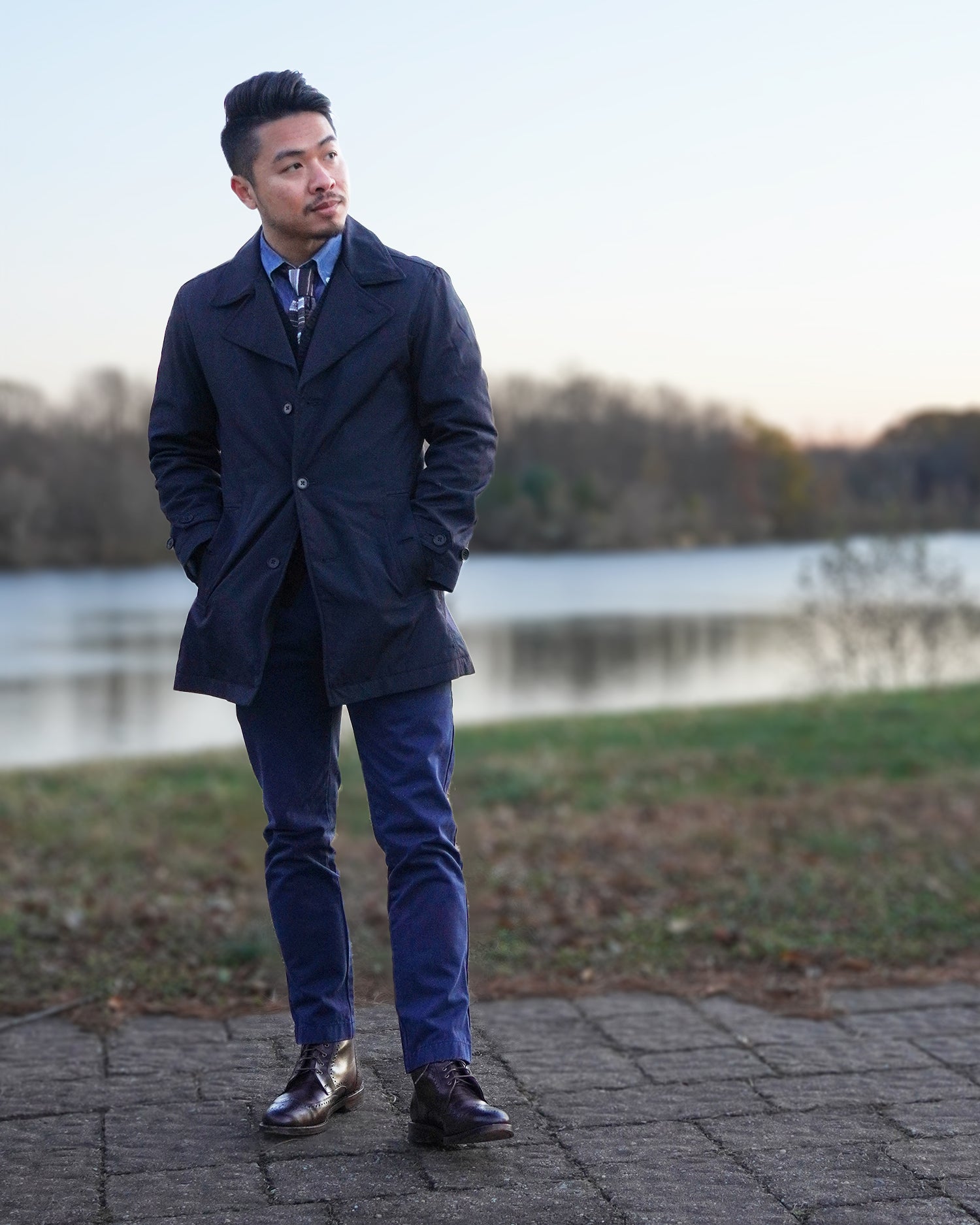 the melbourne knit tie paired with a car coat