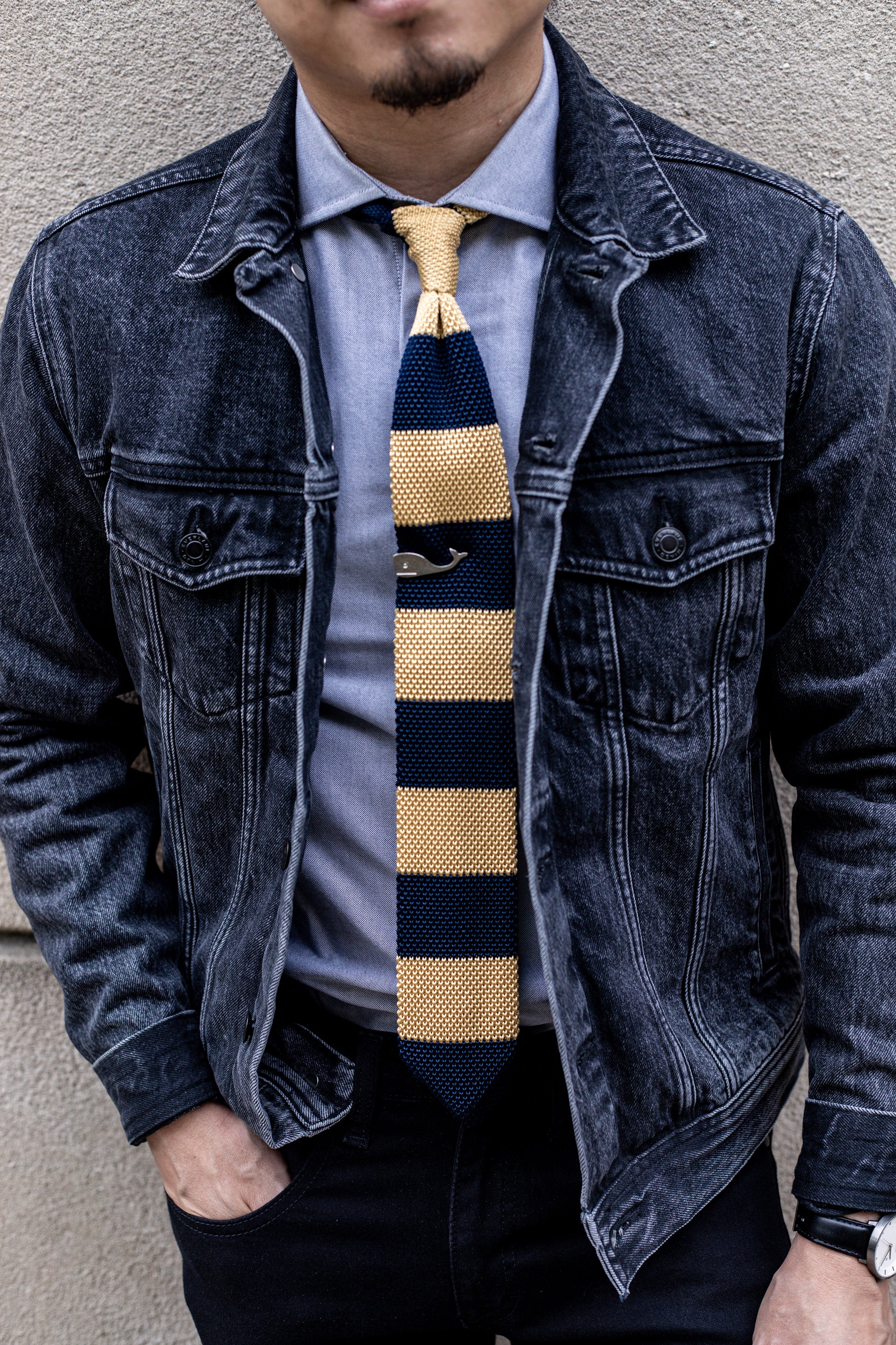the paris denim jacket outfit with tie bar