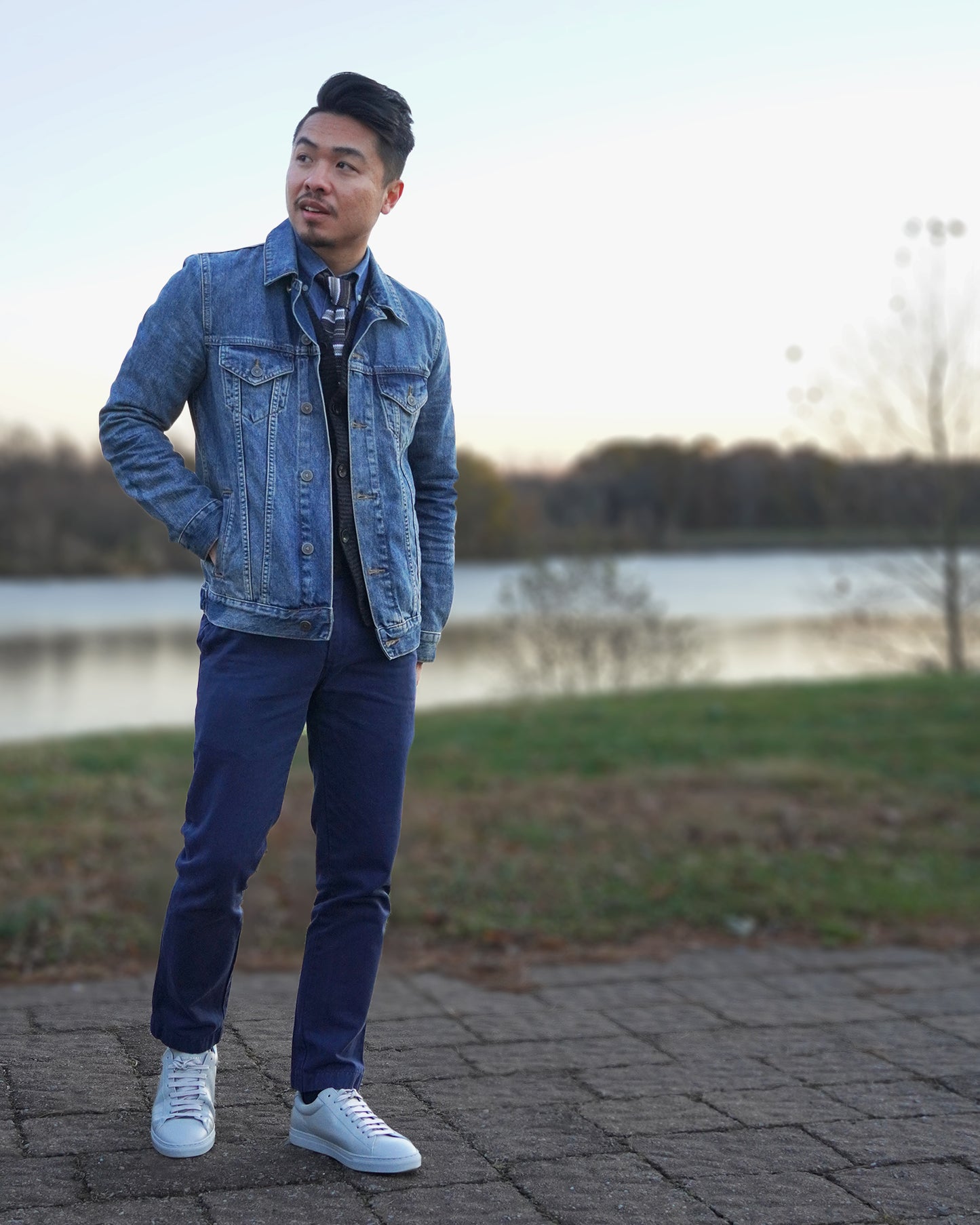 the melbourne knit tie paired with a denim jacket