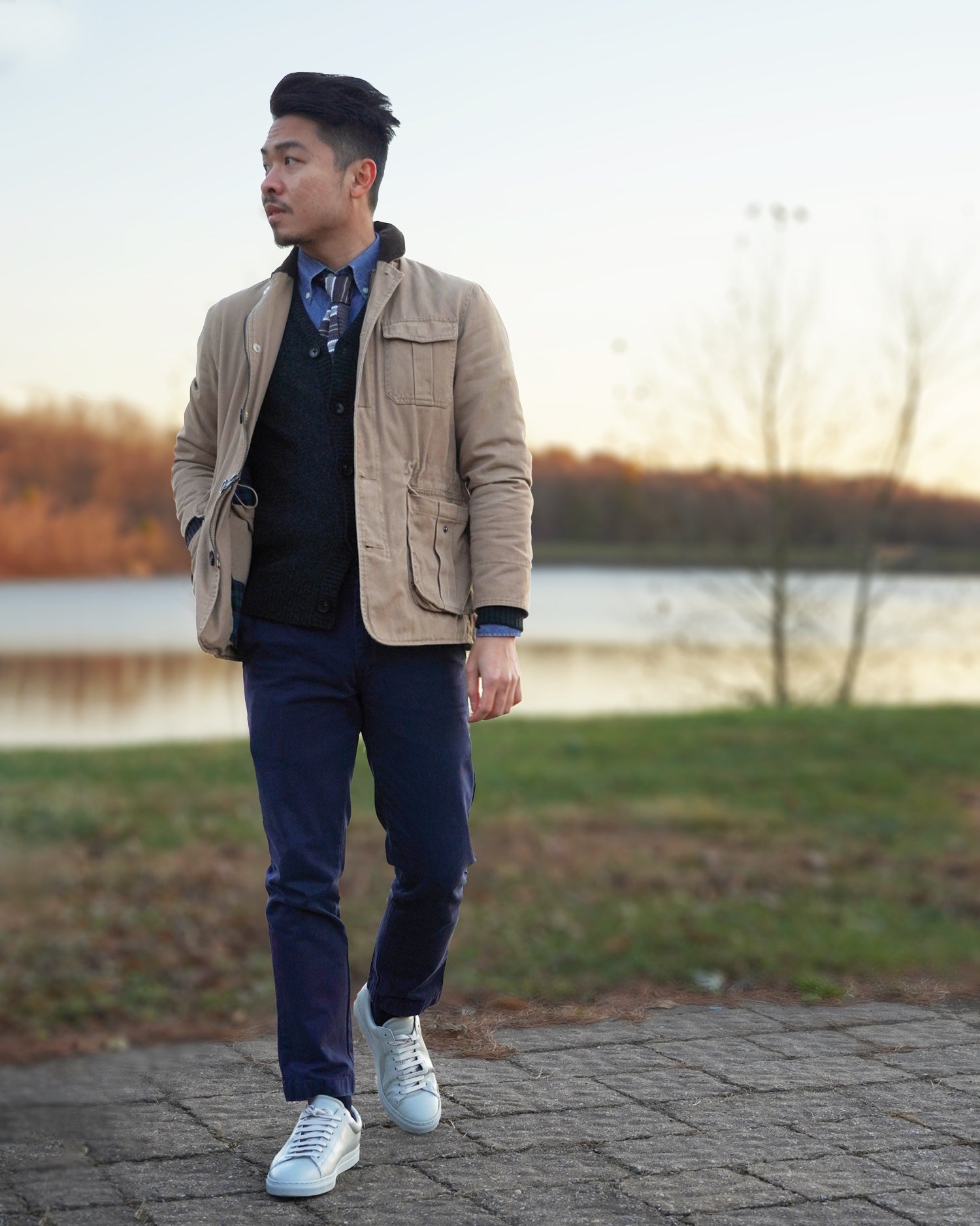 the melbourne knit tie paired with a field jacket